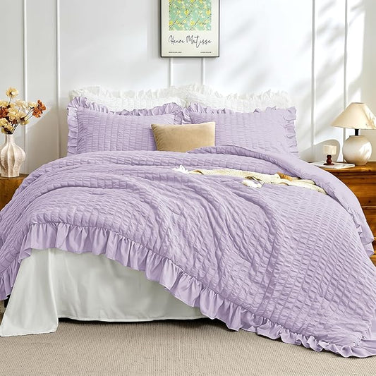 JOLLYVOGUE Lavender Queen Comforter Set, 3 Pieces Seersucker Comforters Queen Size, Lightweight & Fluffy Bedding Sets Queen for All Season with 1 Ruffle Comforter and 2 Ruffle Pillowshams