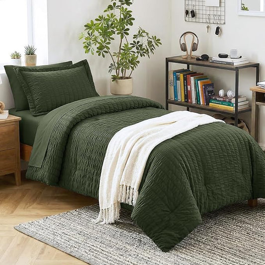 CozyLux Twin XL Comforter Set with Sheets Seersucker Olive Green 5 Pieces Bed in a Bag, Twin Extra Long Luxury Soft Bedding Sets College Dorm with Down Alternative Comforter, Sheets, Pillowcase & Sham