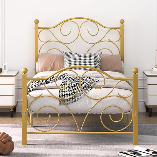 VECELO Twin Size Bed Frame with Headboard and Footboard, Heavy Duty Metal Slat Support, Platform Mattress Foundation, No Box Spring Needed, Easy Assembly, Gold