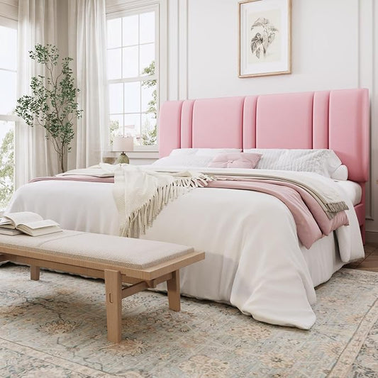 SHA CERLIN King Size Platform Bed Frame, Velvet Upholstered Bed with Adjustable Headboard, Vertical Channel Tufted Design, Sturdy Wood Slat Support, No Box Spring Needed, Easy Assembly, Pink
