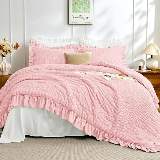 JOLLYVOGUE Pink Comforter Full Size, 3 Pieces Seersucker Lightweight Full Size Bedding, All Season Fluffy Microfiber Bedding Comforter Set with 1 Ruffle Comforter and 2 Ruffle Pillowshams