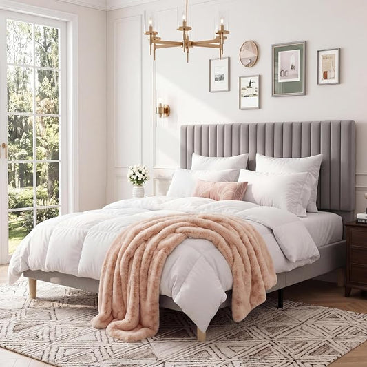 GAOMON Full Bed Frame with Adjustable Headboard, Velvet Upholstered Platform Full Size Bed Frame, Vertical Channel Tufted, Strong Wooden Slats, No Box Spring Needed, Easy Assembly, Grey