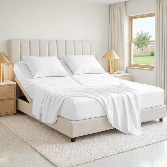 SGI bedding 28" King Split Top Flex Head Sheet 100% Egyptian Cotton Sheet Set 1000 Thread Count Flex Top Sheet for Adjustable Bed 4Pc Sheet Set 15" Deep Pocket for Sleep Number Bed - White