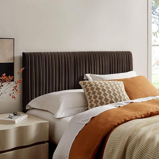 Modway Eloise Queen Velvet Headboard with Ruched Details in Chocolate Brown - Modern Bed Headboard Only with Stain-Resistant Performance Upholstery, Height-Adjustable Mount