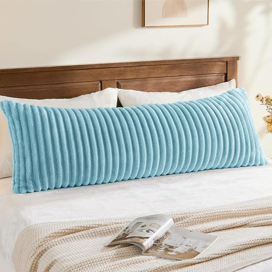 BEDELITE Fluffy Faux Fur Body Pillow Cover with Zipper, Luxury Plush 3D Striped Pillow Cover 20x54 Inches, Super Soft and Cozy Long Body Pillow Pillowcase for Bed Sofa Couch Room Decor(Light Blue)