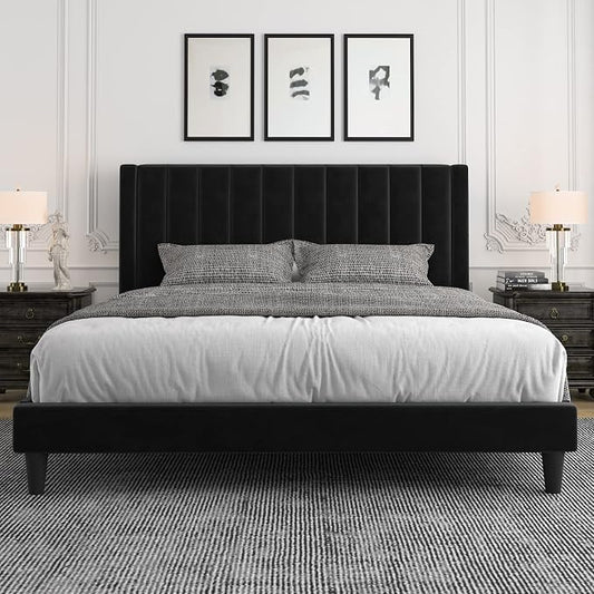 Allewie King Bed Frame/Velvet Upholstered Bed Frame with Vertical Channel Tufted Headboard/Strong Wooden Slats/Platform Bed Frame/Mattress Foundation/Box Spring Optional/Easy Assembly/Black