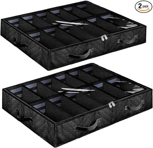 Under Bed Shoe Storage Organizer, Set of 2, Sturdy Structure, Adjustable Dividers, Reinforced Handle, Sturdy Zipper, Underbed Storage Solution with Clear Window, Breathable, Black