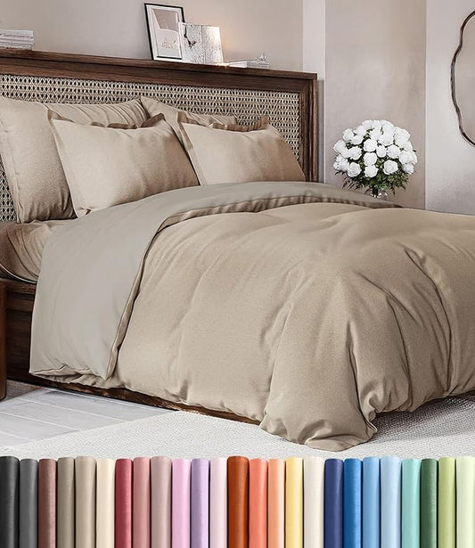 Duvet Cover King Size Set - Extra Soft King Duvet Cover 104" x 90" with 2 Pillow Shams - Hotel Luxury, Easy Care & Fade Free with Zipper Closures & Ties - Comfy, Cozy & Breathable (Heathered Beige)