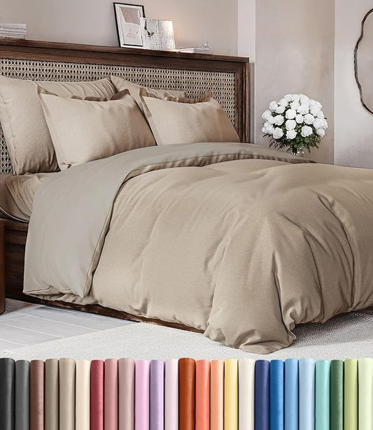 Duvet Cover Cal King Size Set - Extra Soft Cal King Duvet Cover 104" x 98" with 2 Pillow Shams - Hotel Luxury, Easy Care & Fade Free w/ Zipper Closures & Ties - Comfy & Breathable (Heathered Beige)
