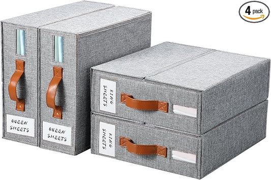 Yecaye 4 Pack Bed Sheet Organizer, Foldable Linen Closet Organizers and Storage (Queen & King Size) with Window & Label, Bedding Storage Box for Bedsheets, Duvet Covers and Pillow, Grey