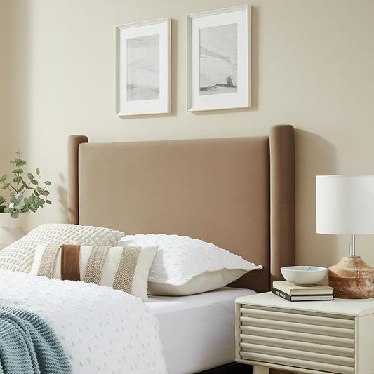 Modway Rael Twin Upholstered Headboard with Pillars in Taupe – Velvet Headboard – Stain-Resistant Performance Velvet Headboard for Twin Beds