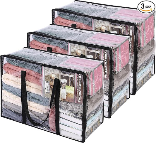 Vieshful 3 Pack Clear Clothes Storage Bag, 40L Plastic Blanket Storage Bag with Zipper, Foldable Closet Organizer, Moving bags for Comforter, Blanket, Bedding, Duvet, Toys
