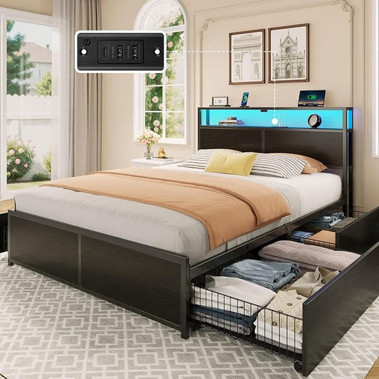 Rolanstar Queen Bed Frame with 4 Storage Drawers & 2-Tier Storage Headboard, Metal Platform Bed Frame with Charging Station & LED Lights, Noise-Free, No Box Spring Needed, Easy Assembly, Black Oak