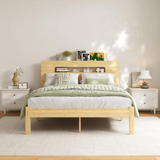 ZIYOO Solid Bamboo Wood Queen Bed Frame with Storage Headboard, 12 inch Platform Bed Frame Queen No Box Spring Needed with Steel Slats, Sturdy and Stable, Easy Assembly, Noise Free