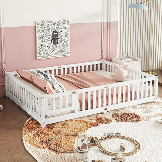 Bellemave Queen Floor Bed with Slats and Door, Queen Size Montessori Floor Bed with Fence and Door, Easy Assemble Montessori Beds Frame for Girls, Boys, White