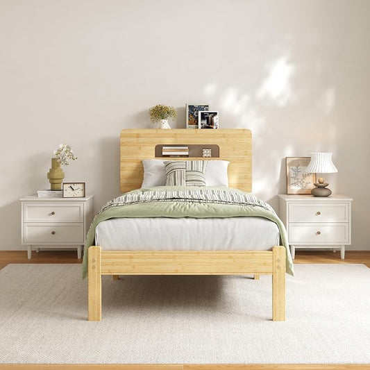 ZIYOO 12 Inch Bamboo Platform Bed Frame Twin Size, Sturdy Bed Frame with Bamboo Frame & Iron Slats, Noise-Free Mattress Foundation No Box Spring Needed, Easy Assembly