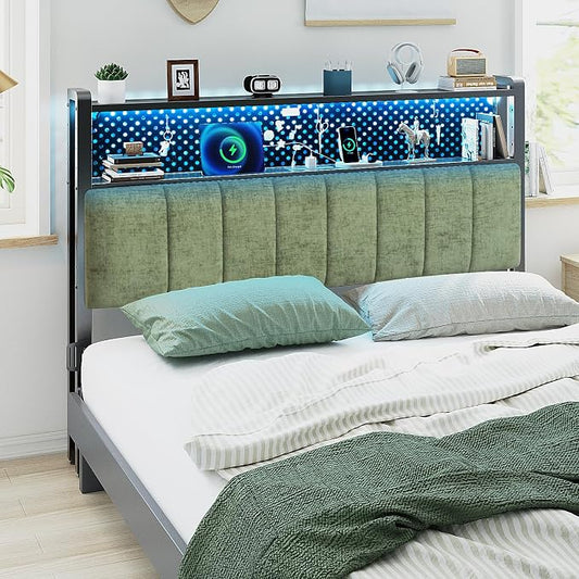 VINGLI Sage Green Queen Size Headboard for Bed with Storage, Upholstered Head Board with Charging Stations and LED Lights, 2 Tier Shelves and Pegboard,Height Adjustable
