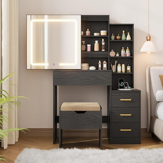 GarveeHome Makeup Vanity Desk with Sliding Mirror, Vanity Dressing Table with 3 Color Adjustable Lights, Girls Vanity Set with Stool, 4 Compact Vanity Drawers, Power Outlet, Black