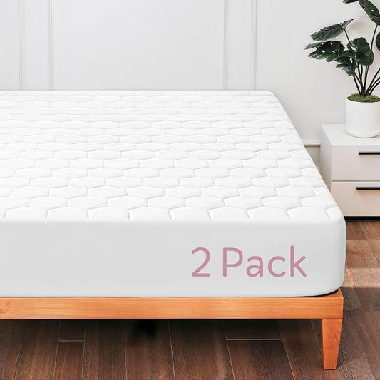 Hearth & Harbor 2 Pack Queen Size Quilted Fitted Mattress Pad Cover, 100% Waterproof Mattress Protectors, Deep Pocket Fitted Mattress Cover 8" - 21" (60" x 80", White)