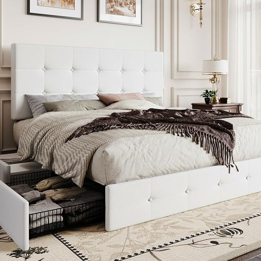 SHA CERLIN Queen Platform Bed Frame with 4 Oversized Storage Drawers, Adjustable Headboard with Velvet Upholstery, Square Button Tufted Design, Wooden Slat Support, No Box Spring Needed, White