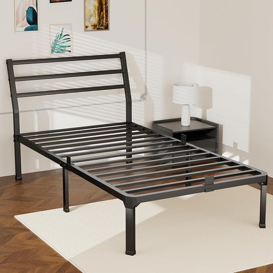 ROIL Twin Size Metal Bed Frame with Headboard, 14inch Black Heavy Duty Platform with Steel Slats Support and Mattress Stoppers, 3500LBS No Box Spring Needed, Easy Assembly Noise-Free