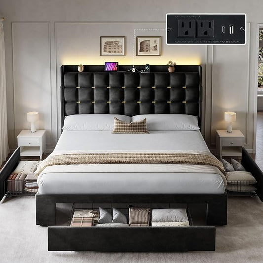DWVO Queen Size Bed Frame with 3 Storage Drawers and RGB LED Lights, Velvet Upholstered Bed with Charging Station and Storage Headboard, No Box Spring Needed, Easy Assembly, Noise-Free, Black