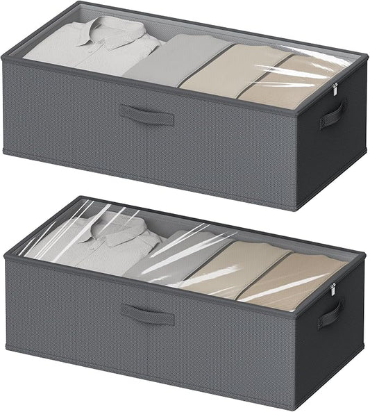 2 Pack Under Bed Storage Containers, 10 Inch Tall Underbed Clothes Storage Organizer Bin with Clear Window，Foldable Box Basket for Clothes, Closet, Bed Sheets and Blankets Gray