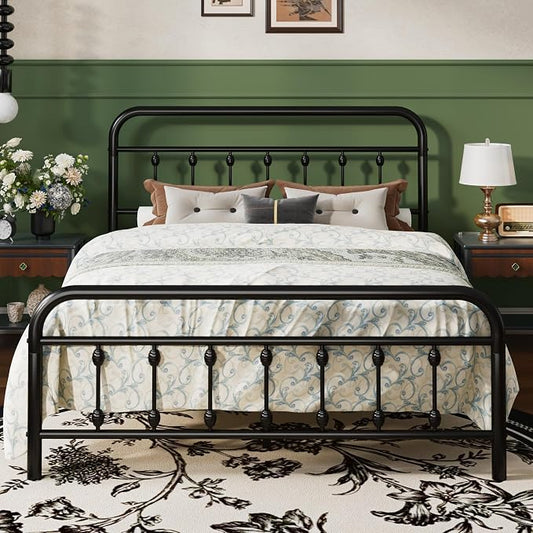 SHA CERLIN Queen Size Metal Platform Bed Frame with Victorian Style Iron-Art Headboard and Footboard, Easy Assembly, Under Bed Storage, No Box Spring Required, Black