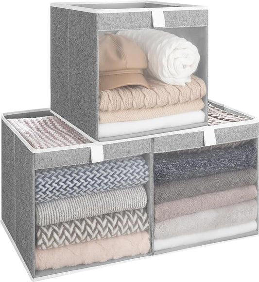 StorageWorks 13x13 Storage Cubes, Closet Storage Bins with Clear Window, Large Fabric Organizer for Clothes, Collapsible Storage Baskets with Handles, Gray, 3-Pack