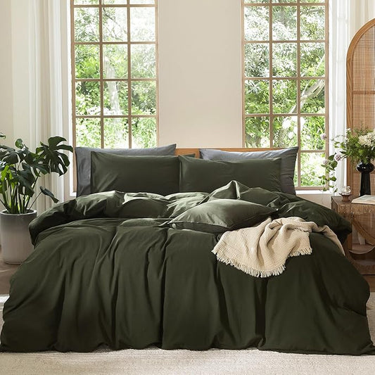 MooMee Bedding Duvet Cover Set 100% Washed Cotton Linen Like Textured Breathable Durable Soft Comfy (Solid Olive Green, King 104"x90")