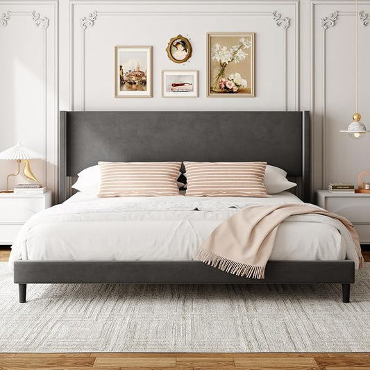 Sismplly King Bed Frame with Wingback Headboard, Velvet Upholstered Platform Bed with Wooden Slats, 6.46“ Under Bed Storage, Metal Support, Noise Free, No Box Spring Needed, Gray