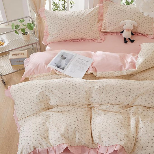 mixinni Pink Floral Duvet Cover Set Twin XL Size – 100% Cotton Ruffle Lace Bedding, Romantic Blushing Flower Print, Reversible Striped Pattern, Cottagecore Soft Aesthetic Princess Bedding for Girls