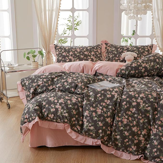 mixinni Vintage Floral Duvet Cover Set Full Size – 100% Cotton Ruffle Lace Bedding, Pink Rose Flower and Green Leaf Print, Reversible Stripes Pattern, Grandmillennial Cottagecore Aesthetic 3Pcs