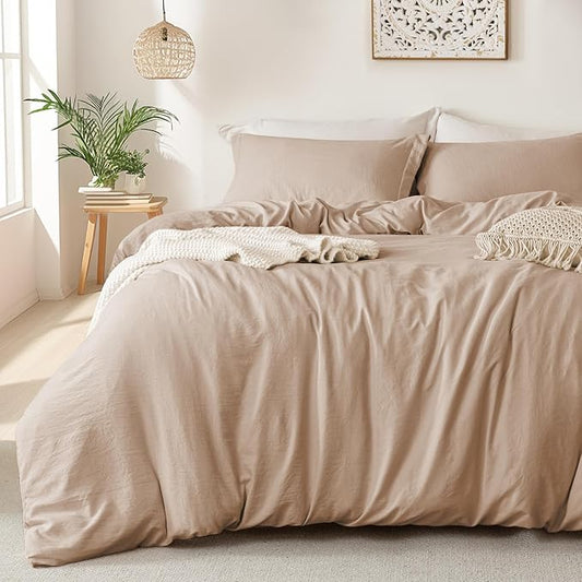 MILDLY Super Soft Duvet Cover - 100% Washed Microfiber Rugby Tan Comforter Cover Set 3 Pieces with Zipper Closure & Corner Ties (No Comforter)