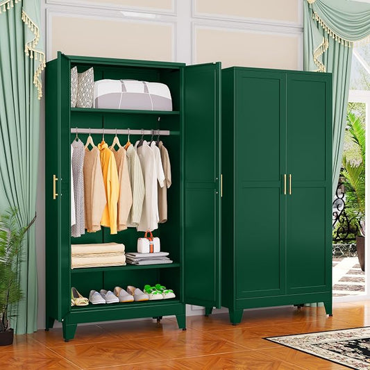 GAIOUS Metal Wardrobe Cabinet with Hanging Rod, 71" Metal Clothing Storage Cabinets with 2 Doors and Adjustable Shelves, Green Armoire Wardrobe Closet for Bedroom, Laundry Room, Cloak Room