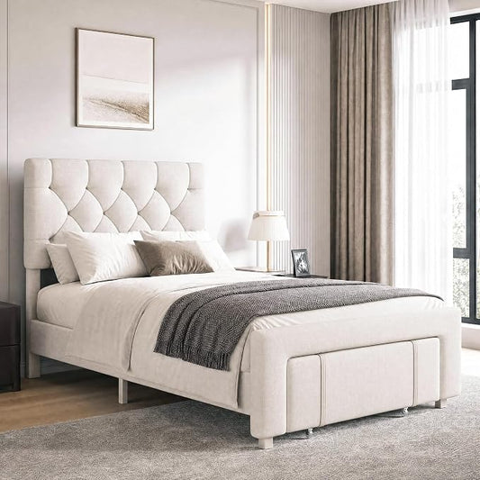 GarveeHome Twin Size Bed Frame, Upholstered Platform Bed Frame with Storage Drawers, Mattress Foundation with Solid Wooden Slats Support, No Box Spring Needed, Beige