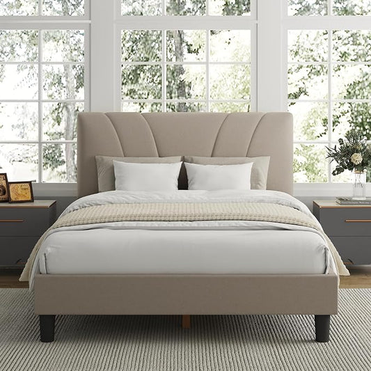 Avenco Full Bed Frame, Upholstered Platform Bed Frame with Adjustable Headboard, Wood Slat Support, Easy Assembly, No Box Spring Needed, Beige