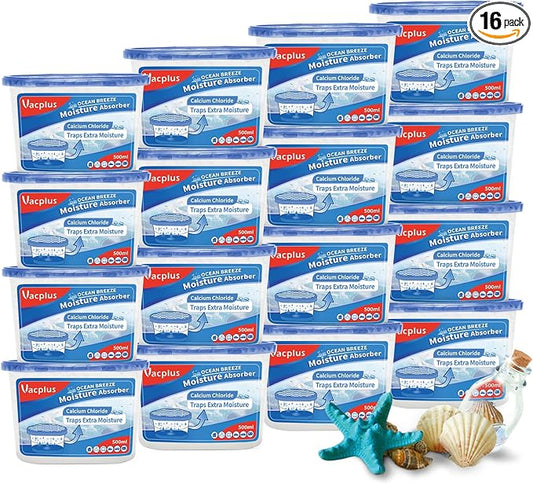 Vacplus Moisture Absorbers 16 Pack, 10.5 Oz, Humidity Absorber Boxes Attracts Extra Moisture from Your Bathroom, Closet, Kitchen, Dehumidifier for Closet(Ocean Scent), Light blue
