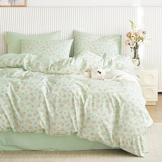 Wake In Cloud - Coquette Duvet Cover Set, Floral Cottagecore Flower Shabby Chic Cute Aesthetic, Soft Lightweight Bedding for Women Teen Girls, 3-Piece, Green Pink, Twin/Twin XL Size