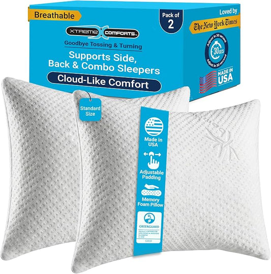 GREENGUARD Certified Standard Bed Pillows for Sleeping (2 Pack) | Adjustable Shredded Memory Foam Pillows with Removable Cooling Cover | Fluffy Pillows Support for Side, Back & Stomach Sleeper