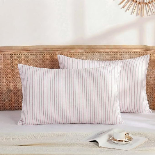 Merryword Standard Size Pillowcases, 100% Cotton Pillow Cases, White & Pink Striped Pillowcases, Soft Breathable Ticker Stripe Pillow Covers, Set of 2