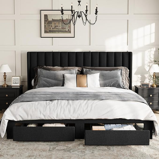 Garvee King Size Bed Frame, Velvet Upholstered Bed Frame with Wingback Headboard, 2 Storage Drawers, No Box Spring Needed, Black