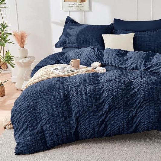 HYMOKEGE Navy Blue Twin Size Duvet Cover, Ultra Soft 2-Piece Seersucker Duvet Cover Set with Zipper Closure, Soft Brushed Microfiber Bedding Set with 8 Corner Ties (68"x90", 1 Pillowshams)
