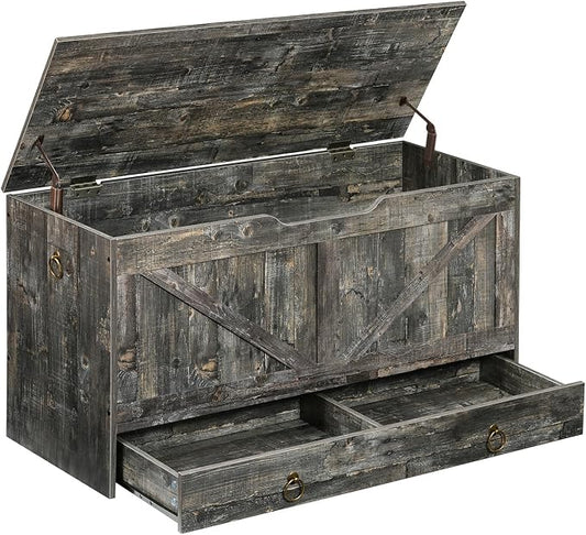 HOOBRO Storage Chest, 39.3" Toy Chest with Drawer, Wooden Storage Bench, Sturdy Entryway Bench Supports 220 lb, Shoe Bench, Safety Hinge, U-Shaped Opening, Easy Assembly, Vintage Gray VP710CW01G1