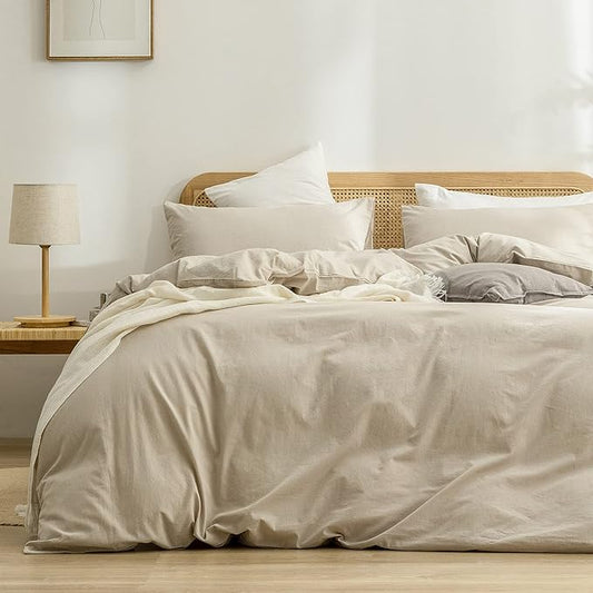 BESTOUCH Duvet Cover Set 100% Washed Cotton Linen Feel Super Soft Comfortable Chic Lightweight 3 PCs Home Bedding Set Solid Almond Milk Grey Full/Double