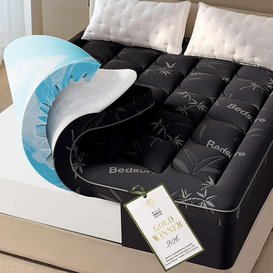 Bedsure Dual-Layer 5 Inch Twin Memory Foam Mattress Topper, 3 Inch Memory Foam + 2 Inch Viscose Made from Bamboo Mattress Topper Pad Cover, Breathable & Pressure Relief, Black