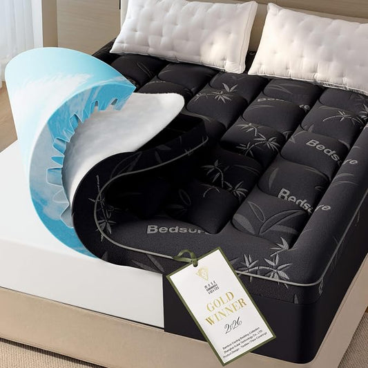 Bedsure Dual-Layer 5 Inch Memory Foam Mattress Topper Queen, 3 Inch Memory Foam + 2 Inch Viscose Made from Bamboo Mattress Topper Pad Cover, Breathable & Pressure Relief, Black