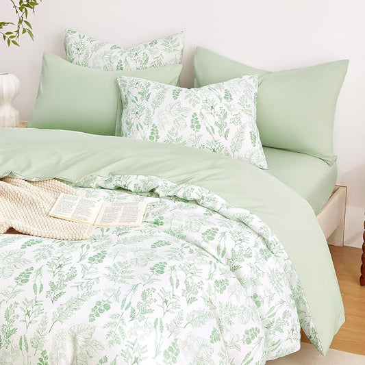 Wake In Cloud - Floral Duvet Cover Set, Botanical Vintage Flower Coquette Cottagecore Aesthetic for Women Teen Girls, Soft Lightweight Bedding, 3-Piece, Light Green, Twin/Twin XL Size
