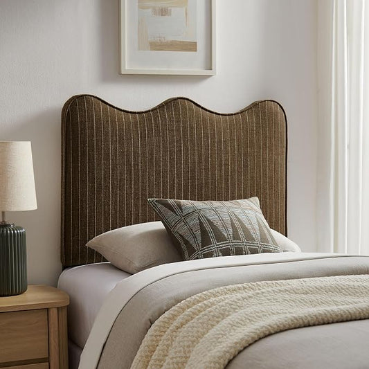 Monday Athena Striped Fabric Upholstered Twin Size Adjustable Headboard in Earth Stripe - with Scalloped Wave Design and Soft Linen-Like Fabric