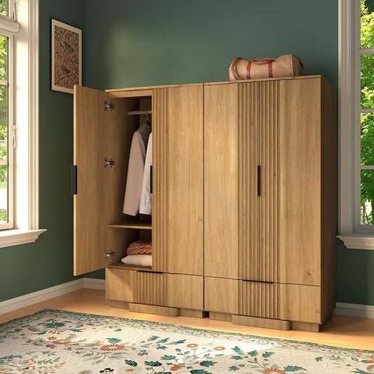 Yechen 67" Fluted Armoire Wardrobe Closet Set of 2 with Doors and Drawer, Wooden Wardrobe Closet Cabinet with Adjustable Shelve, Modern Small Armoires Storage Clothes, Coats for Bedroom, Natural, 2pcs